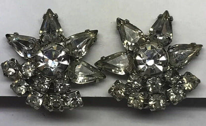 Vintage Art Deco Crystal Rhinestone Flower Cluster Bridal Cocktail Clip Earrings