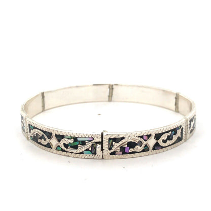 Vintage Taxco Mexico 925 Sterling Silver Abalone Inlay Textured Panel Bracelet