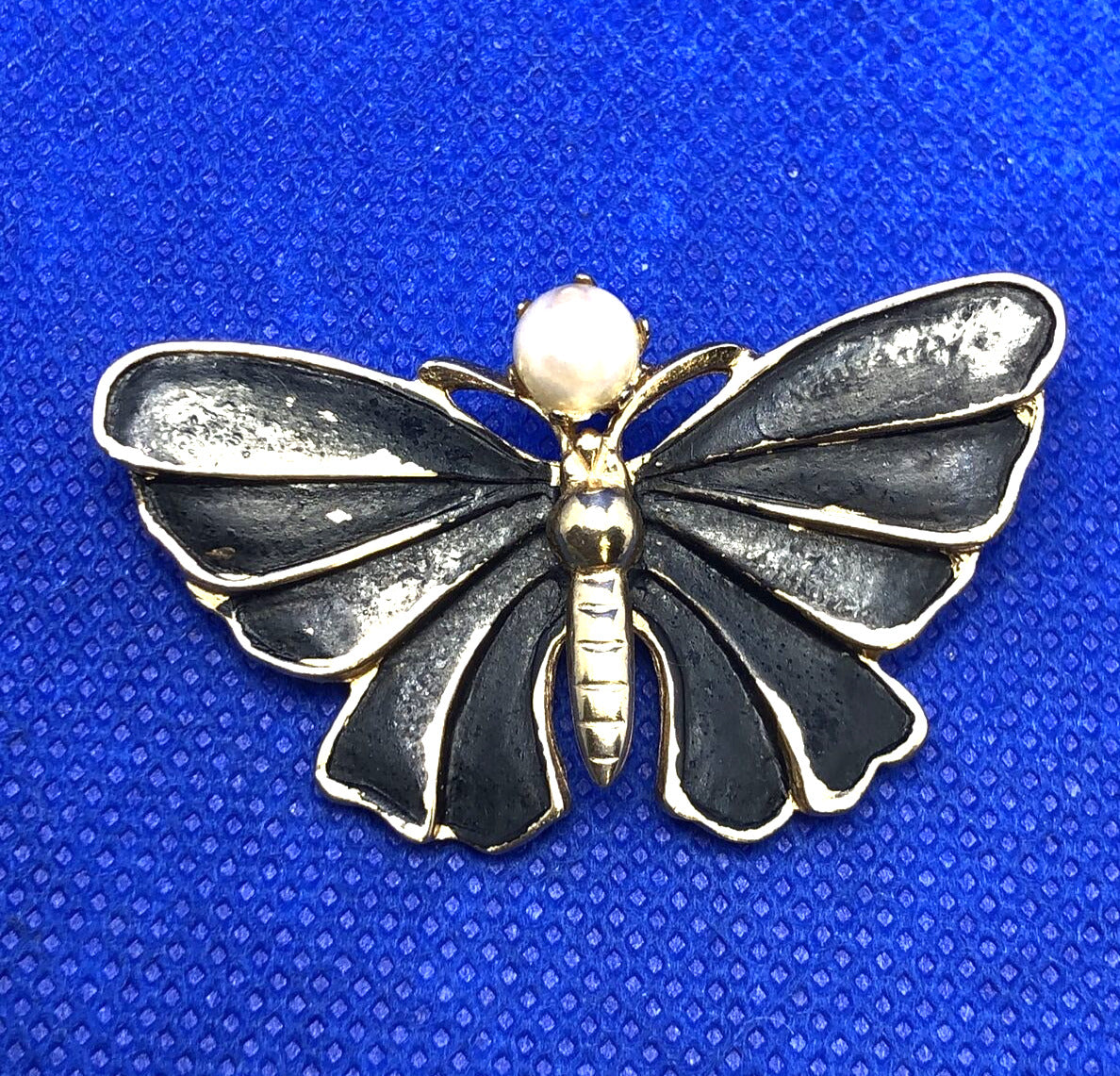 Vintage Designer Kramer Gold Tone Faux Pearl Black Enamel Moth Butterfly Brooch