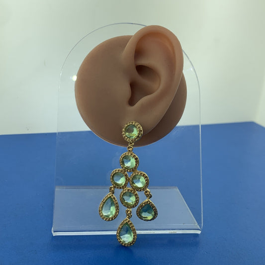 Vintage Carolee Lux Gold Tone Green & Gold Rhinestone Chandelier Dangle Earrings