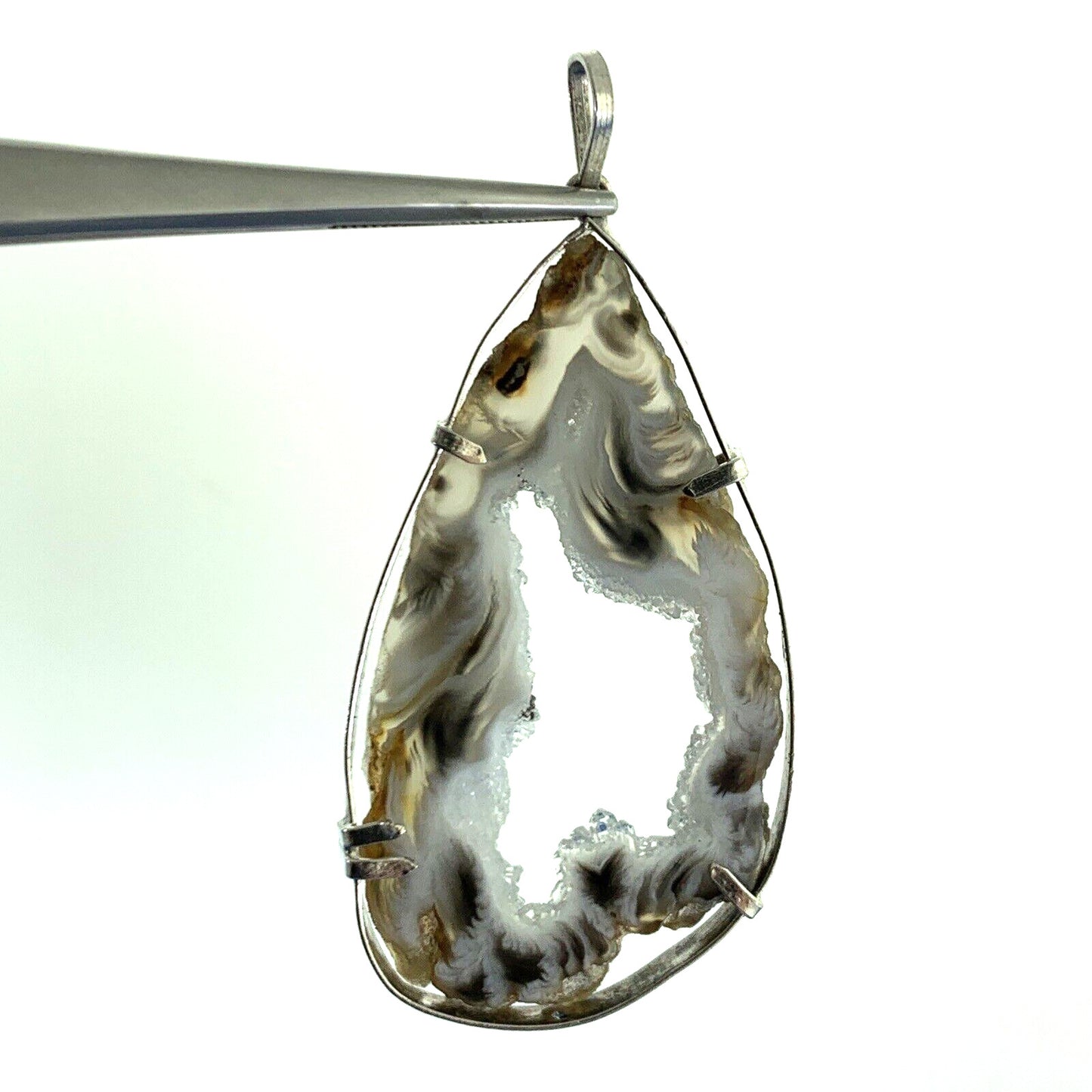 Estate Artisan 925 Sterling Silver Black White Quartz Druzy Geode Slice Pendant