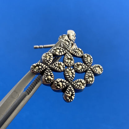 Designer 925 Sterling Silver Marcasite Flower Drop Dangle Stud Earrings
