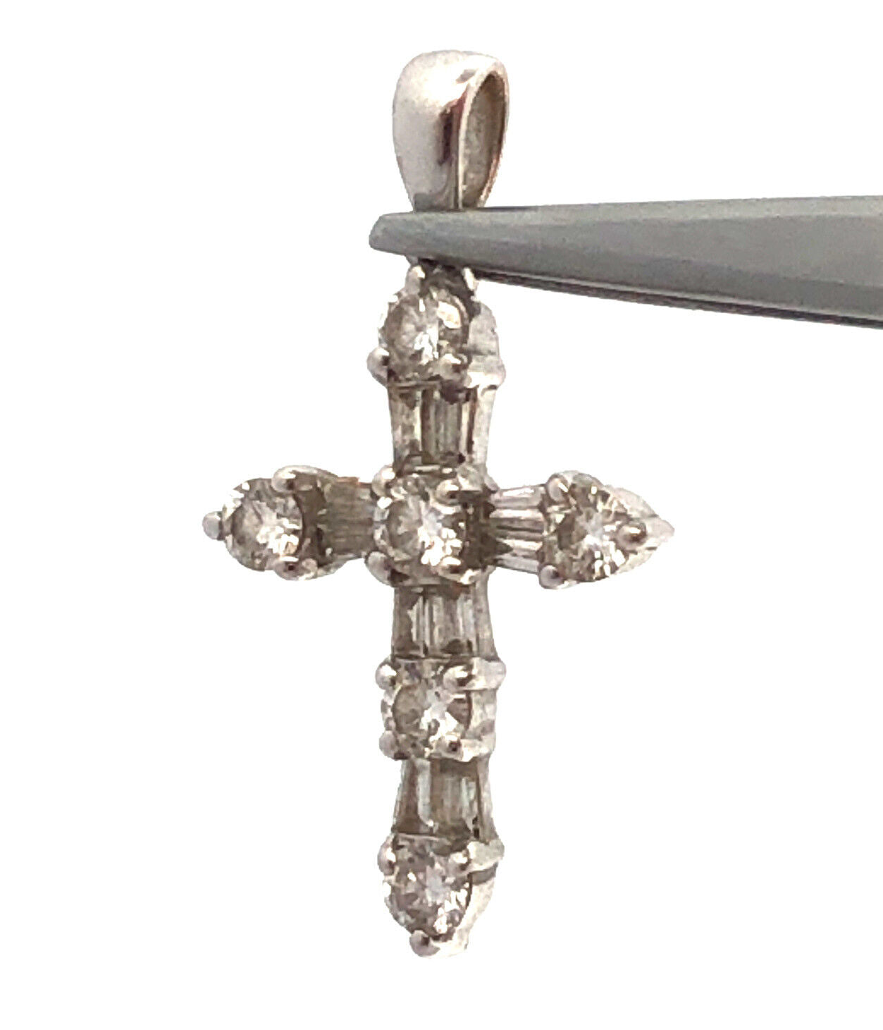 18K White Gold Round & Baguette Diamond Encrusted Religious Cross Pendant