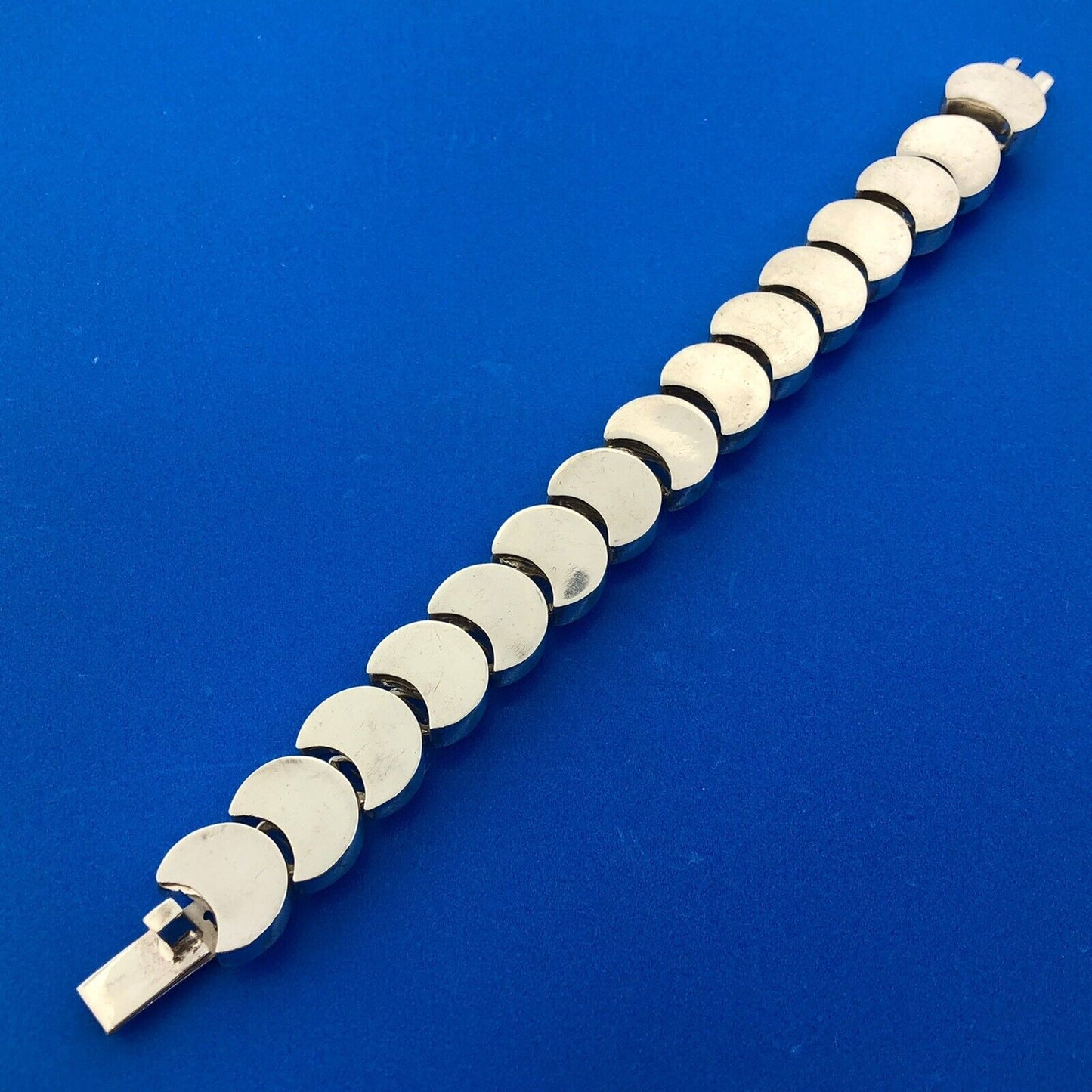 Retro Mexico 925 Sterling Silver Modernist Moon Link Statement Panel Bracelet
