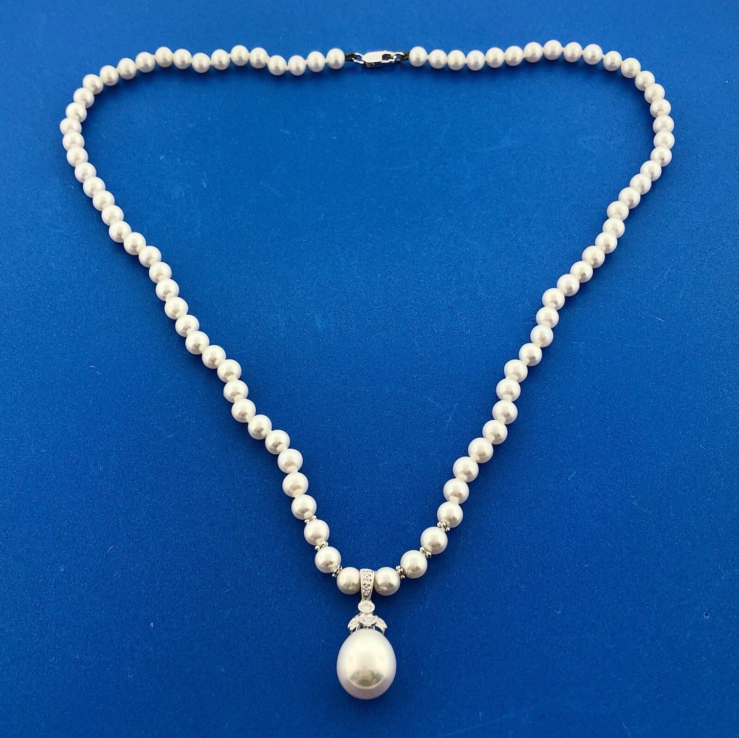 Fabulous 18K White Gold Diamond Pearl Wedding Bridal Drop Pendant Necklace