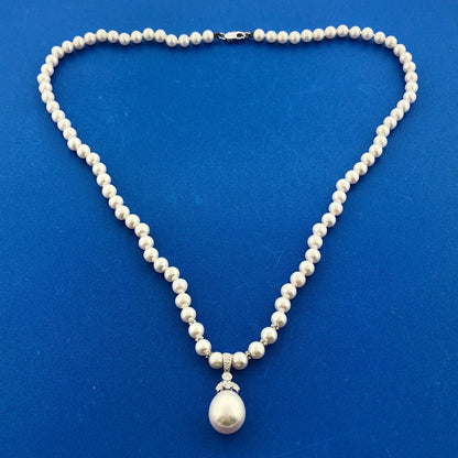 Fabulous 18K White Gold Diamond Pearl Wedding Bridal Drop Pendant Necklace