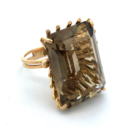 Retro 18K Yellow Gold Emerald Cut Smoky Topaz Statement Cocktail Finger Ring