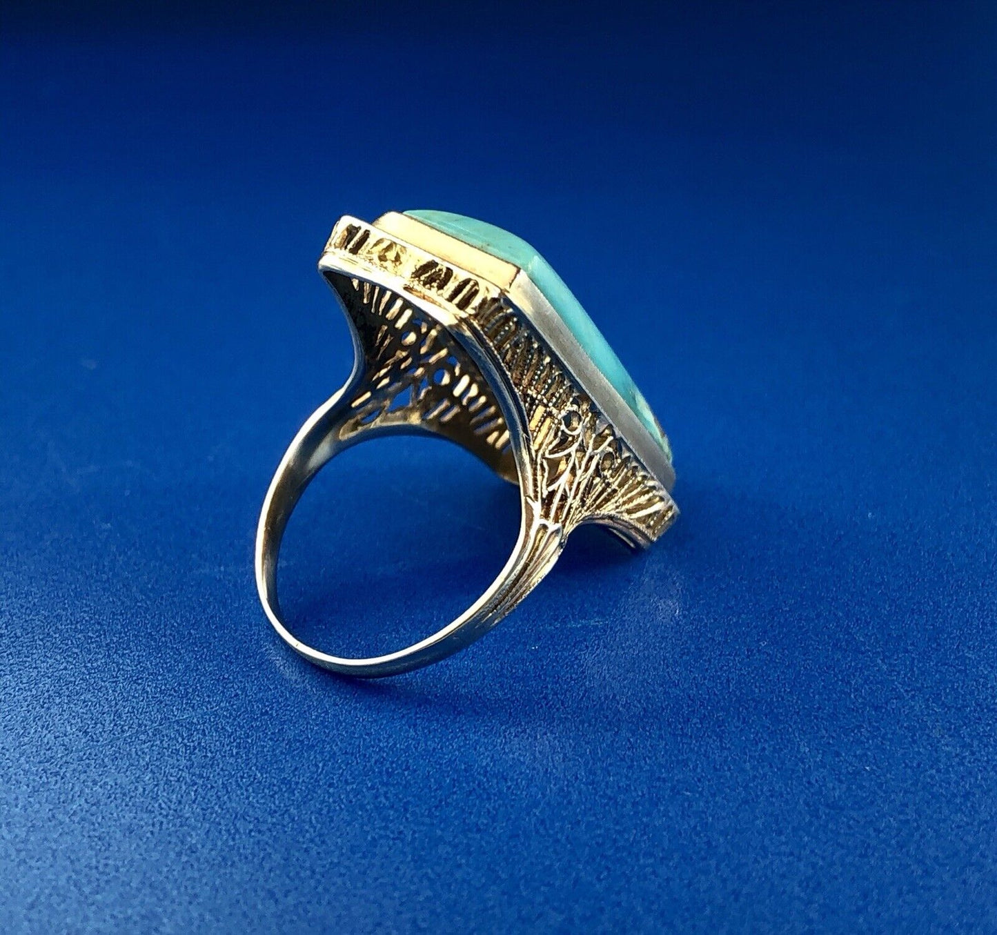 Art Deco Designer G & Co 14K White Gold Turquoise Filigree Statement Dinner Ring