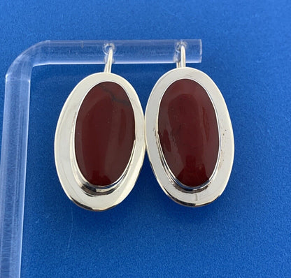 Mexican Designer ATI Sterling Silver 925 Oval Cabochon Carnelian Hook Earrings