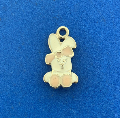 Vintage 10K Yellow Gold White and Pink Enamel Baby Girl Bunny Charm Pendant