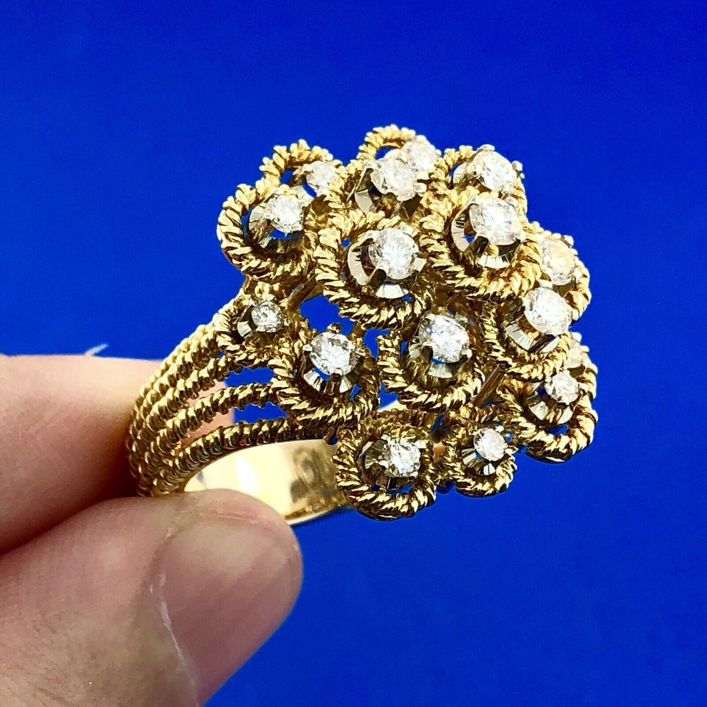 Stunning 18K Yellow Gold Diamond Floral Cluster Empire Setting Statement Ring