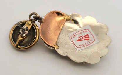 Vintage Mexico Silver Tone Copper Brass Santa Brooch/Pendant Earrings 3 Pc Set