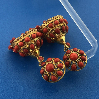 Lovely Vermeil Sterling Silver 925 Cabochon Coral Lampshade Dangle Stud Earrings