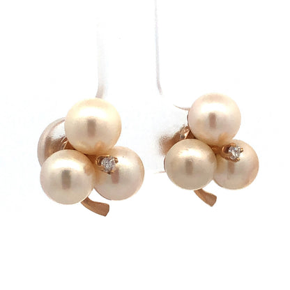 Vintage 14K Yellow Gold Pearl Trio Grape Cluster Diamond Accented Stud Earrings