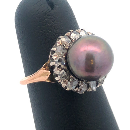 Retro 14k Yellow Gold Bronze Pearl Faceted Champagne Diamond Halo Cocktail Ring