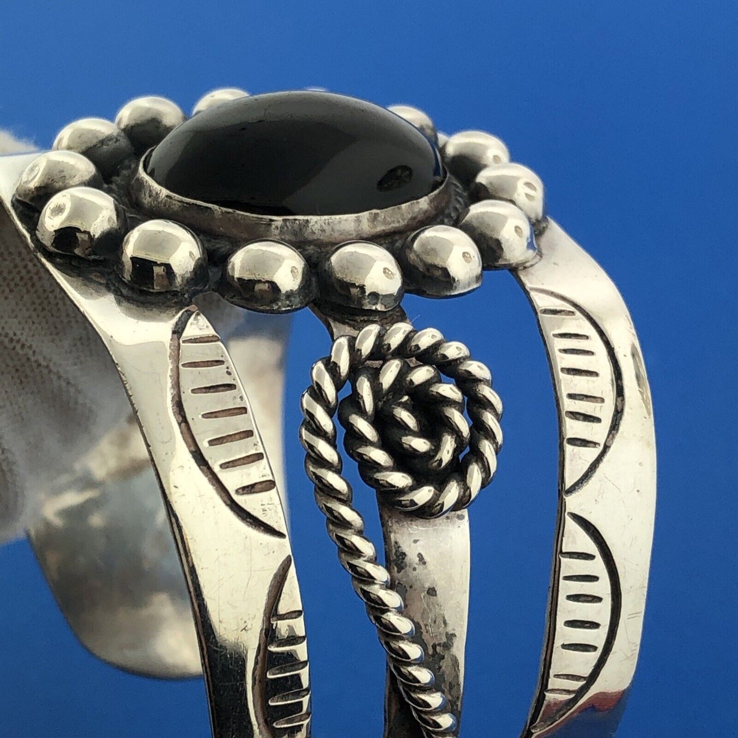 Estate Mexico 925 Sterling Silver Oval Black Onyx Concho Statement Cuff Bracelet