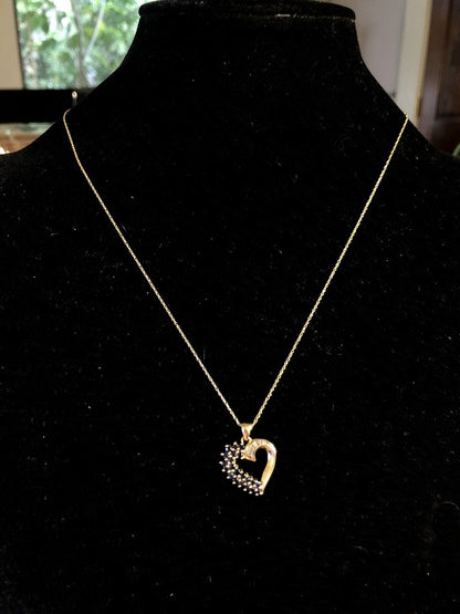 Vintage 14K Yellow Gold Sapphire Cluster Diamond Accented Heart Necklace