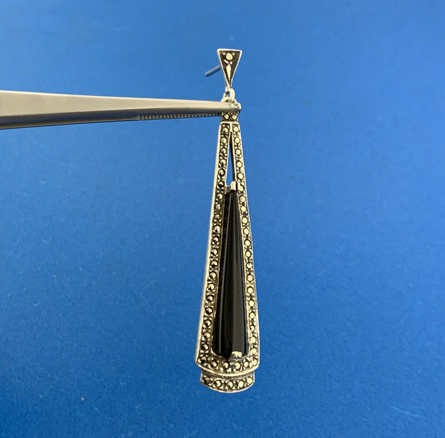 Lovely Sterling Silver 925 Cabochon Black Onyx Marcasite Accent Dangle Earrings