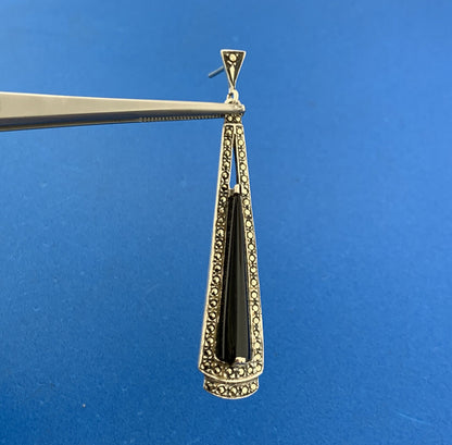 Lovely Sterling Silver 925 Cabochon Black Onyx Marcasite Accent Dangle Earrings