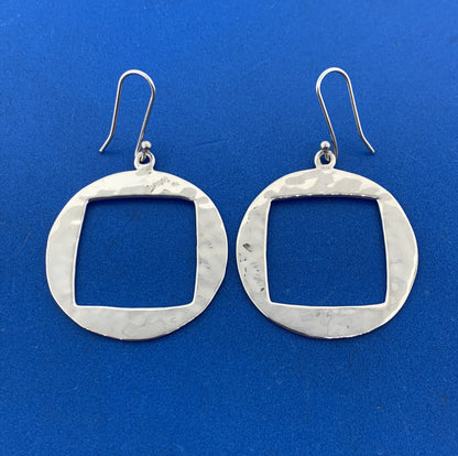 Modernist Taxco Mexico MWS Sterling Silver 925 Hammered Open Square Earrings