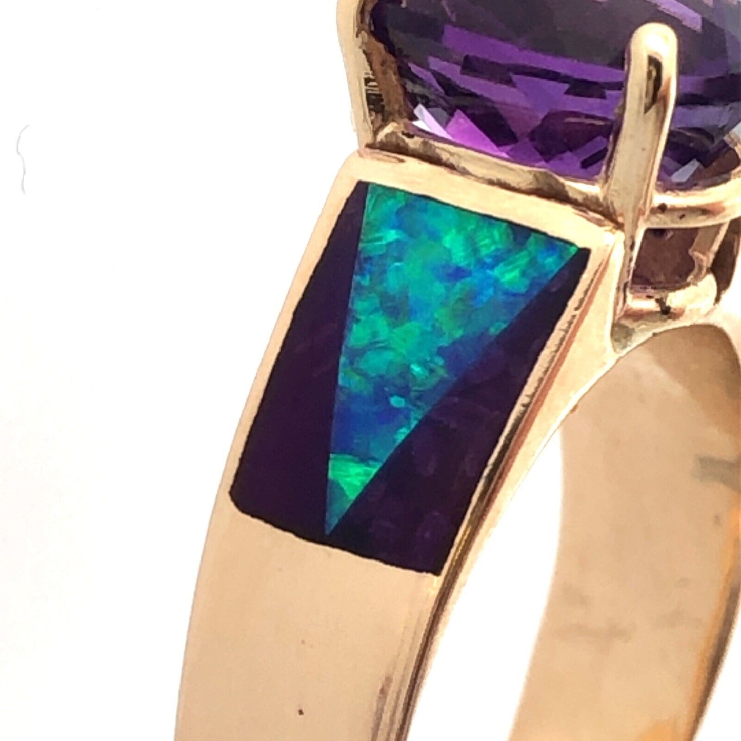 Vintage 14K Yellow Gold Oval Amethyst Opal Inlay Purple Enamel Cocktail Ring