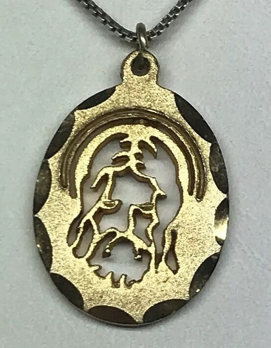 1982 Jeweled Cross Gold Toned Polished Florentine Jesus Face Cutout Disc Pendant