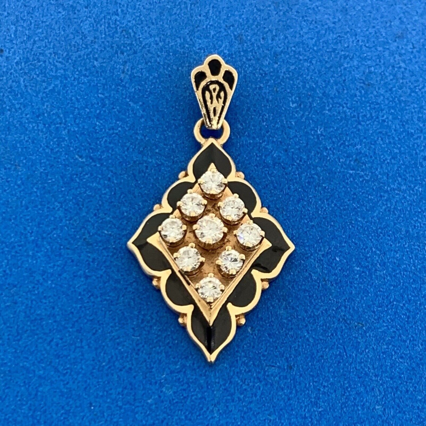 Vintage 14K Yellow Gold Diamond Cluster Black Enamel Dangle Drop Pendant