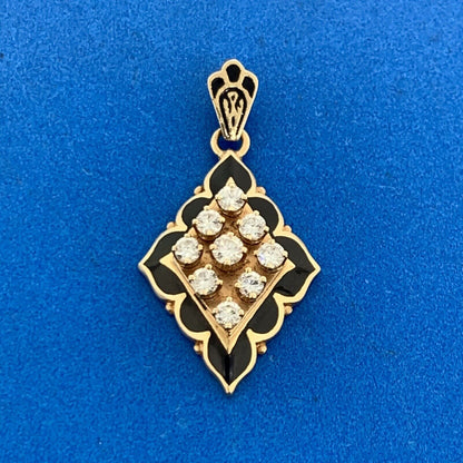 Vintage 14K Yellow Gold Diamond Cluster Black Enamel Dangle Drop Pendant