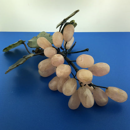 Mid Century Rose Quartz Grape Cluster Hand Carved Jade Leaves Decorative