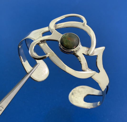 Taxco Modernist 925 Sterling Silver Art Glass Statement Open Cuff Bracelet