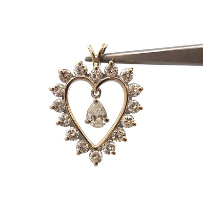 14K White Gold Round Pear Diamond Dangle Heart Anniversary Pendant