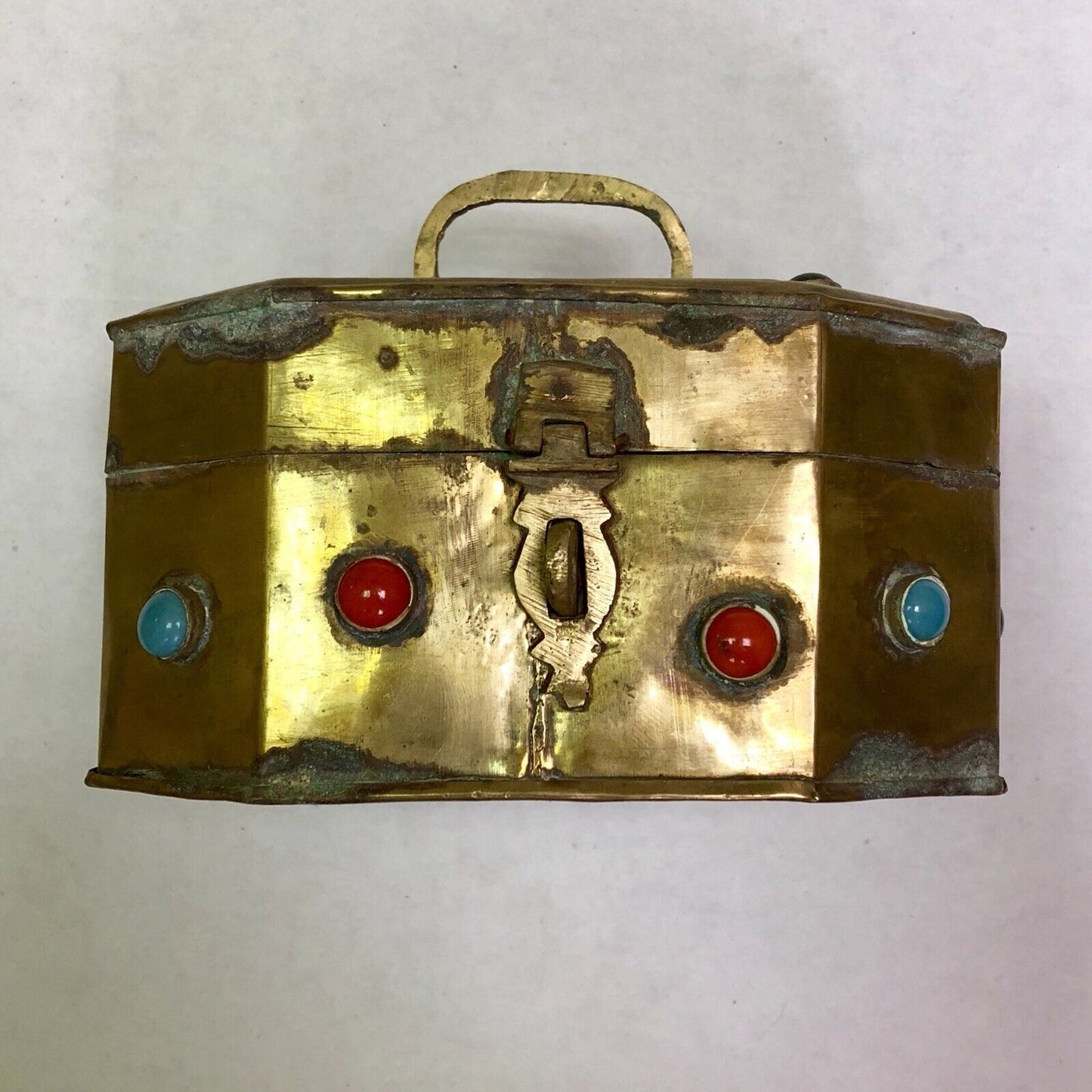Vintage India Artisan Brass Jeweled Handled Lockable Latched Trinket Jewelry Box
