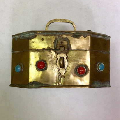 Vintage India Artisan Brass Jeweled Handled Lockable Latched Trinket Jewelry Box