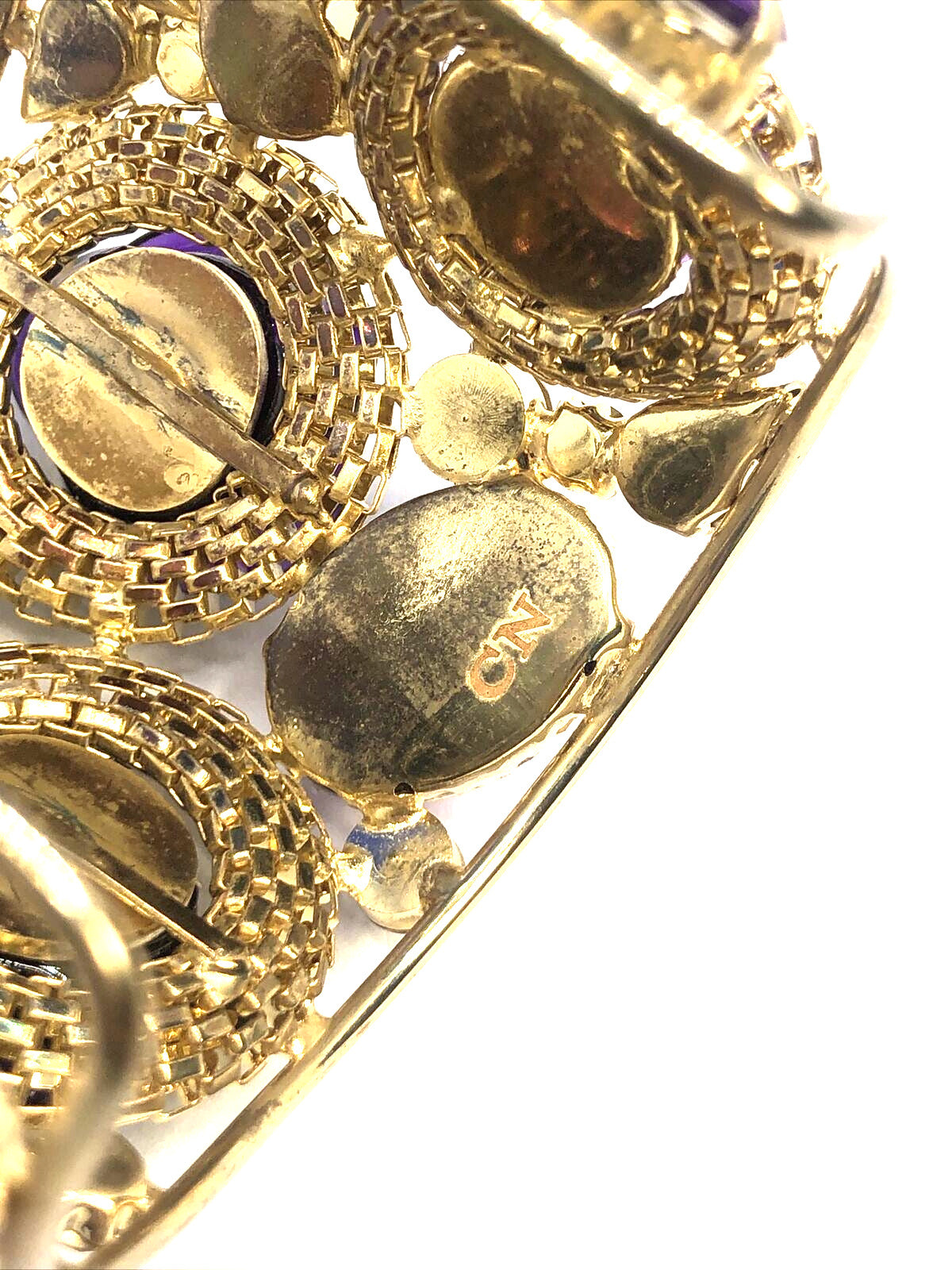 Designer Gold Tone Purple Cubic Zirconia Acrylic Statement Open Cuff Bracelet