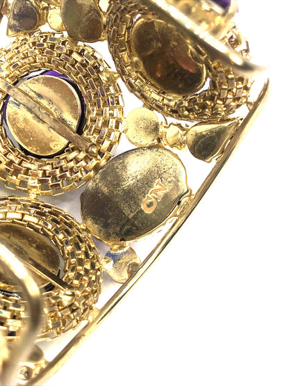 Designer Gold Tone Purple Cubic Zirconia Acrylic Statement Open Cuff Bracelet