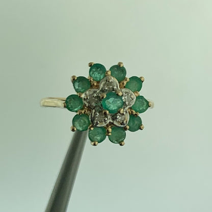 Vintage Designer 14K Emerald Diamond Accent Floral Cluster May Anniversary Ring