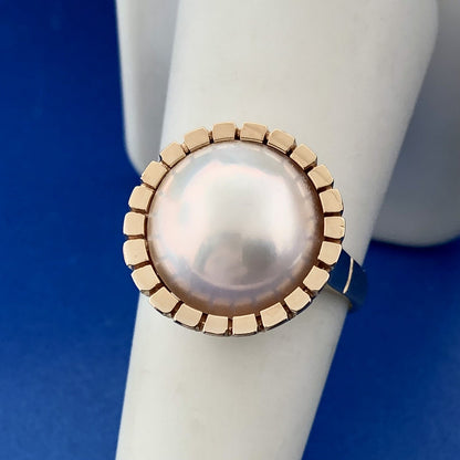 Vintage Estate 14k Yellow Gold Solitaire White Pearl Dome Ring Size 7.25