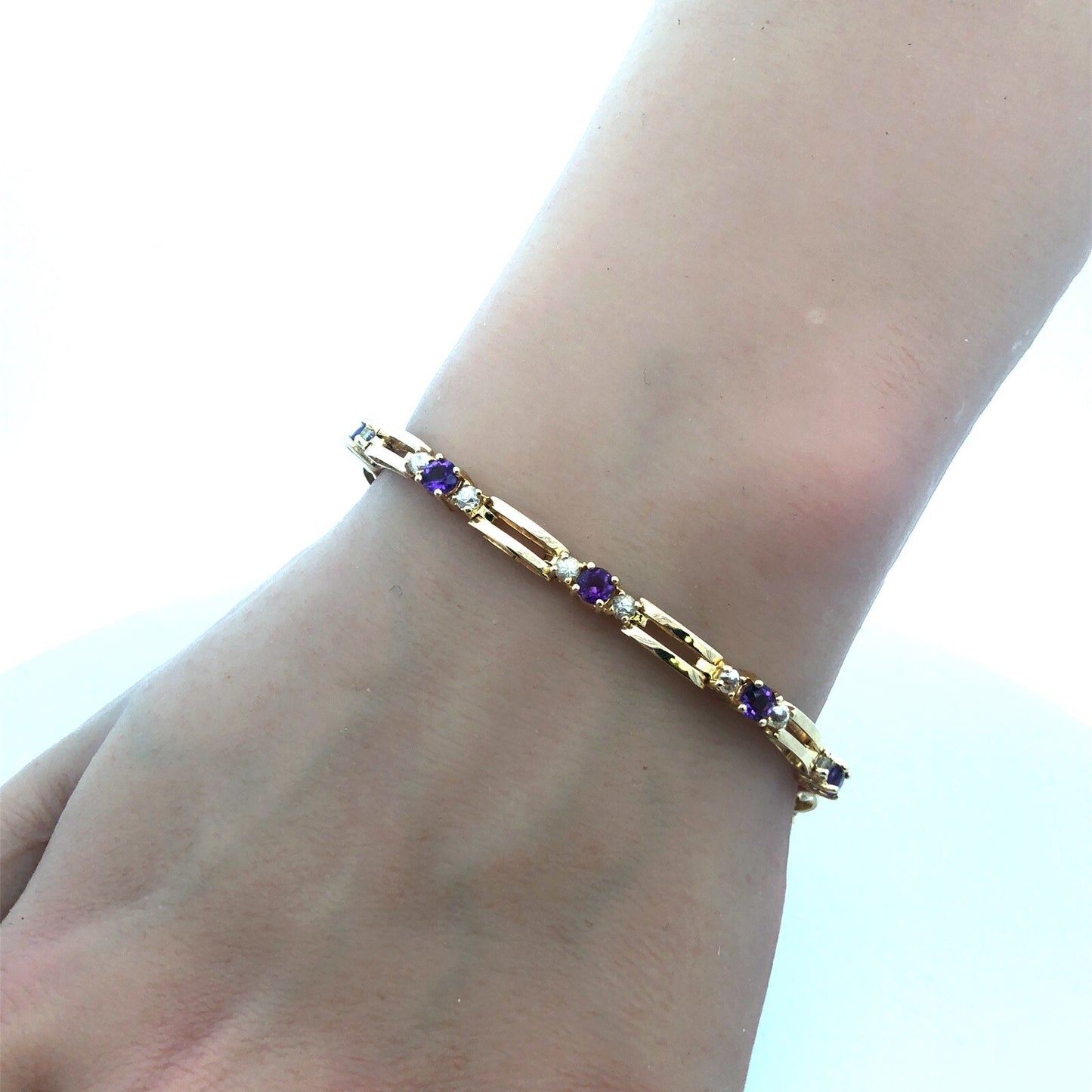 14K Yellow Gold Amethyst White Topaz Accented Station Tennis Bracelet