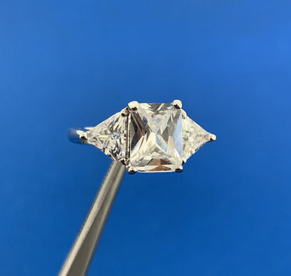 Designer 925 Sterling Silver Emerald Cut Cubic Zirconia Triangle Accented Ring