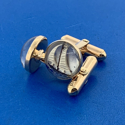Vintage 14K Yellow Gold Enamel Acrylic Sailboat Sailing Sea Themed Cufflinks
