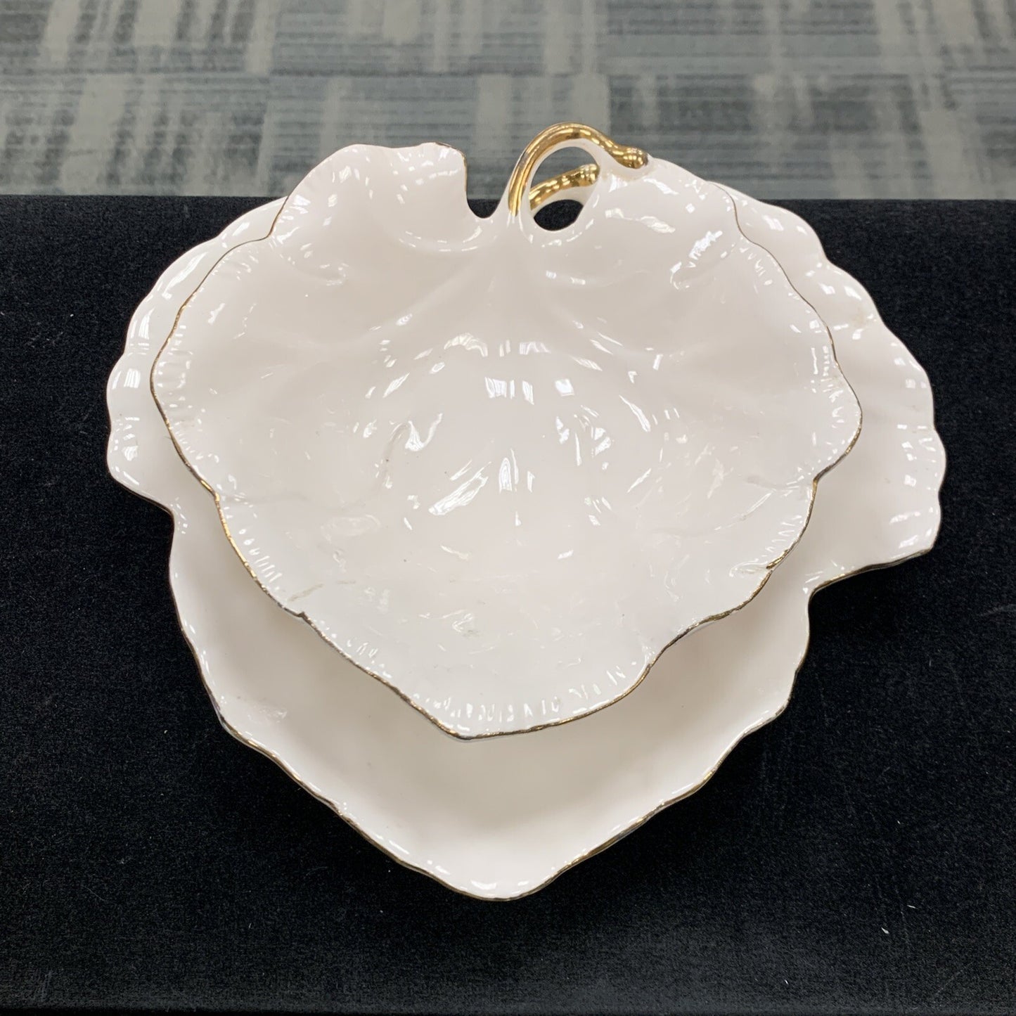 WCL China Set Of Two White Gold Rimmed Leaf Dip Candy Plate Bowl Dish