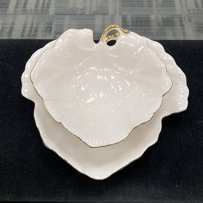 WCL China Set Of Two White Gold Rimmed Leaf Dip Candy Plate Bowl Dish