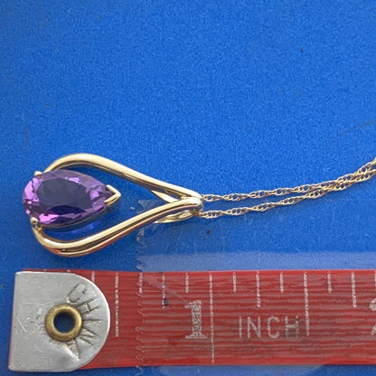 Designer RGE 10K Yellow Gold Pear Shaped Amethyst Drop Dangle Pendant Necklace