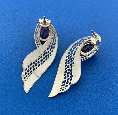 Stunning Silver Toned Oval Cut Purple Sparkling CZ Openwork Wing Stud Earrings
