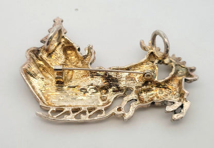 Vintage Silver Gold Tone Santa & Sled Brooch/Pendant Clip Earrings 3 Pc Set