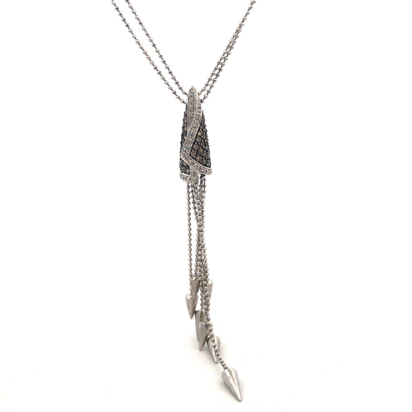 18K White Gold Champagne White Diamond Modernist Conical Pendant Necklace