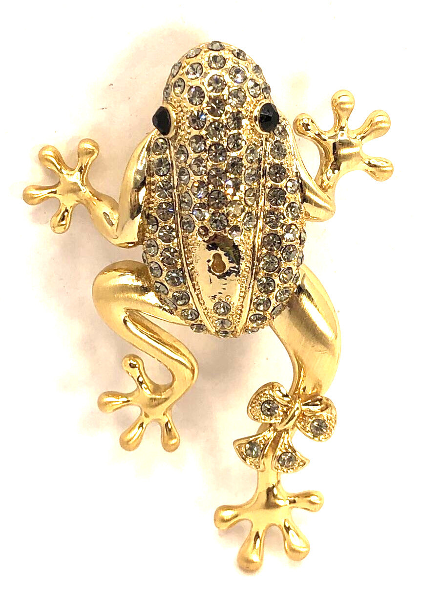 Estate Andrew Hamilton Crawford Rhinestone Gold Tone 3D Frog Statement Pendant
