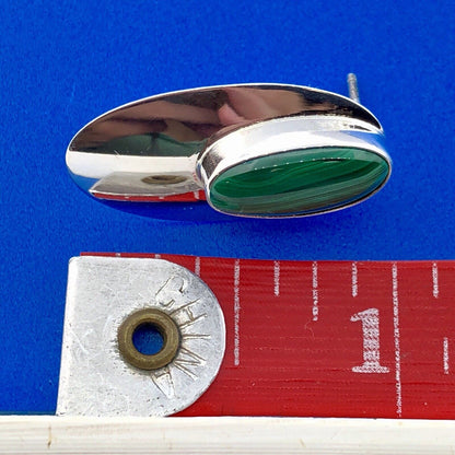 Vintage Sterling Silver 925 Oval Malachite Cabochon Elongated Stud Earrings
