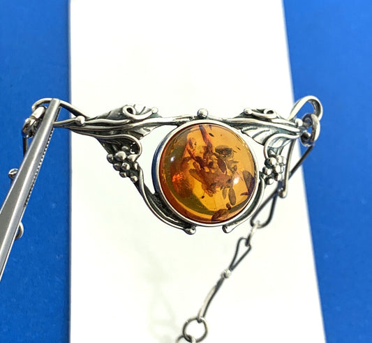 Vintage 925 Sterling Silver Amber Grapes & Vine Pendant Necklace