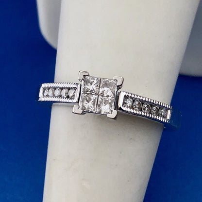 14k White Gold Ring Invisible Set Princess Diamonds Round Diamond Accents
